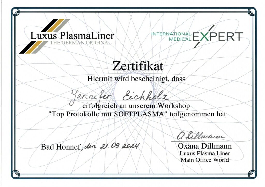 Zertifikat Jennifer Eichholz Luxus Plasma Liner